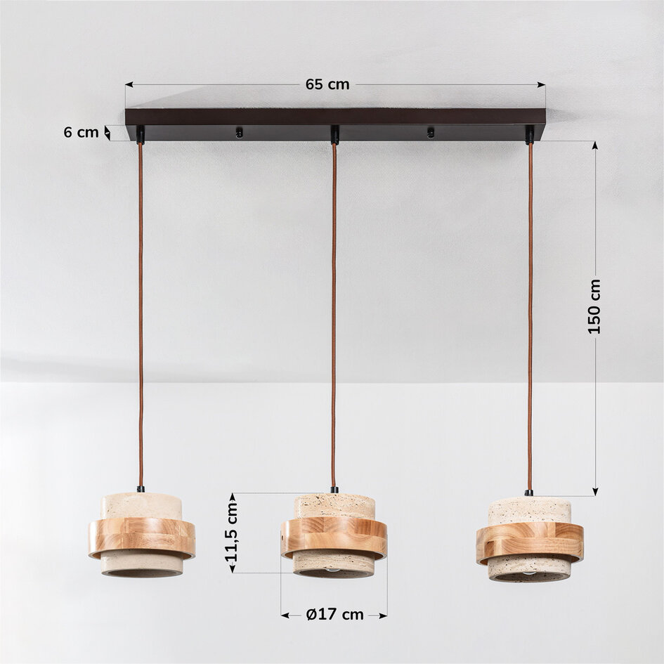 3-lichts hanglamp Travo van travertin (natuursteen) en licht hout