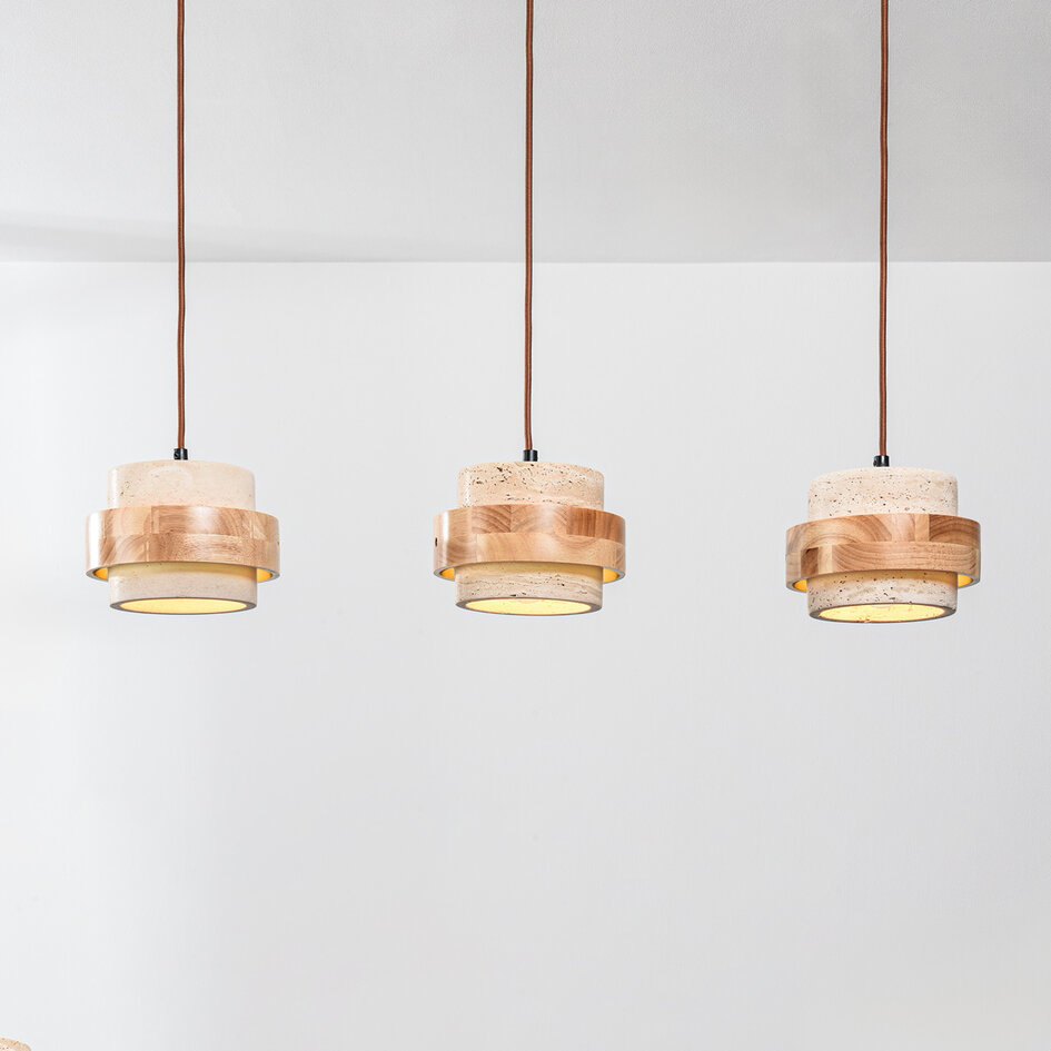 3-lichts hanglamp Travo - travertin (natuursteen) en licht hout