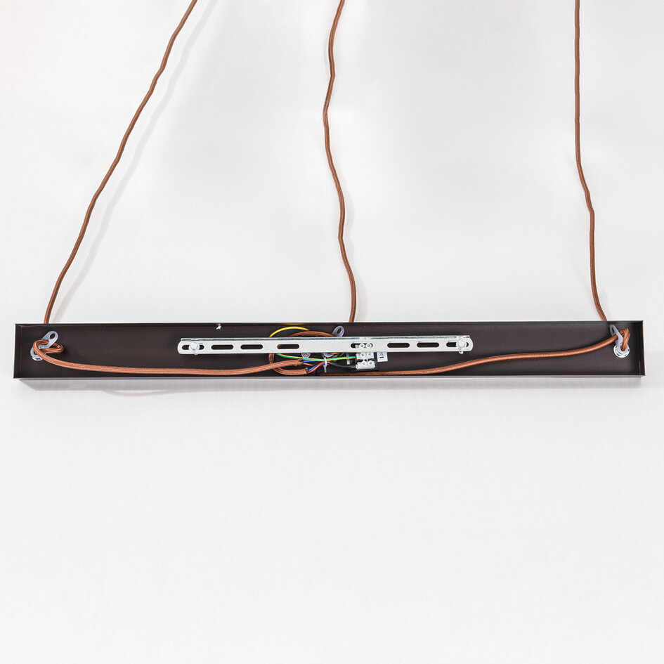 Japandi hanglamp Muro met drie travertin (natuursteen) kappen en houtaccenten