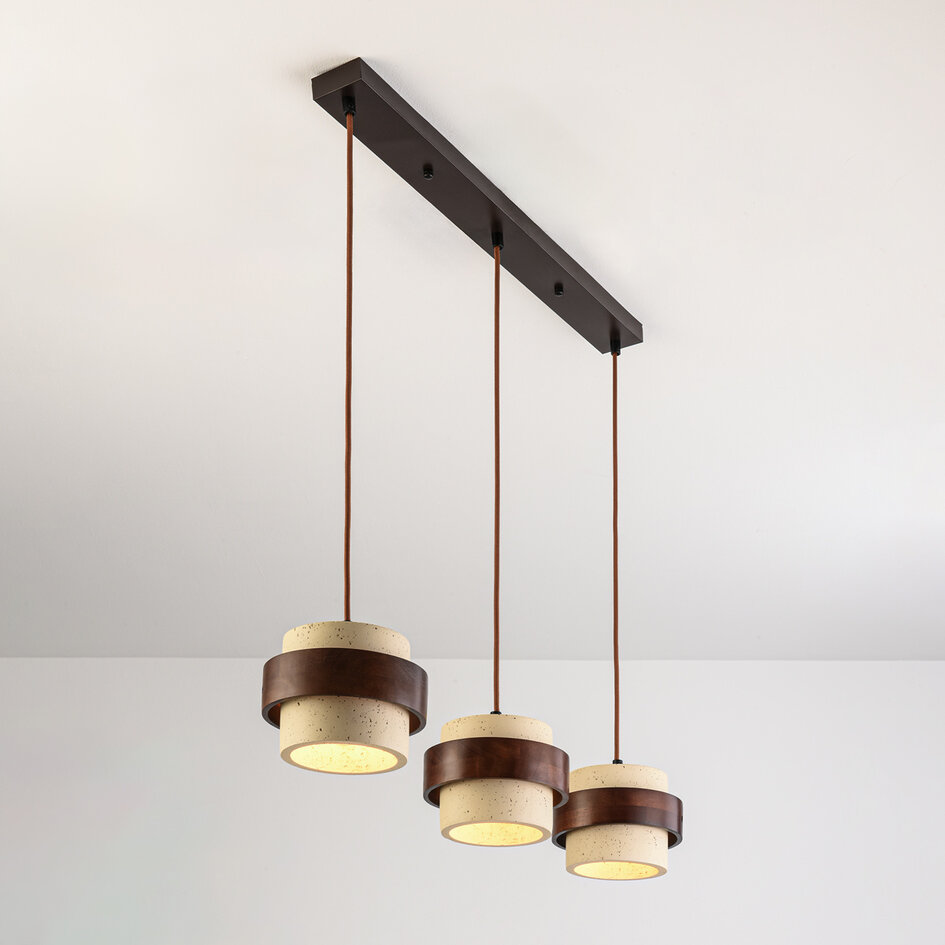 3-lichts hanglamp Mavero van cement en hout