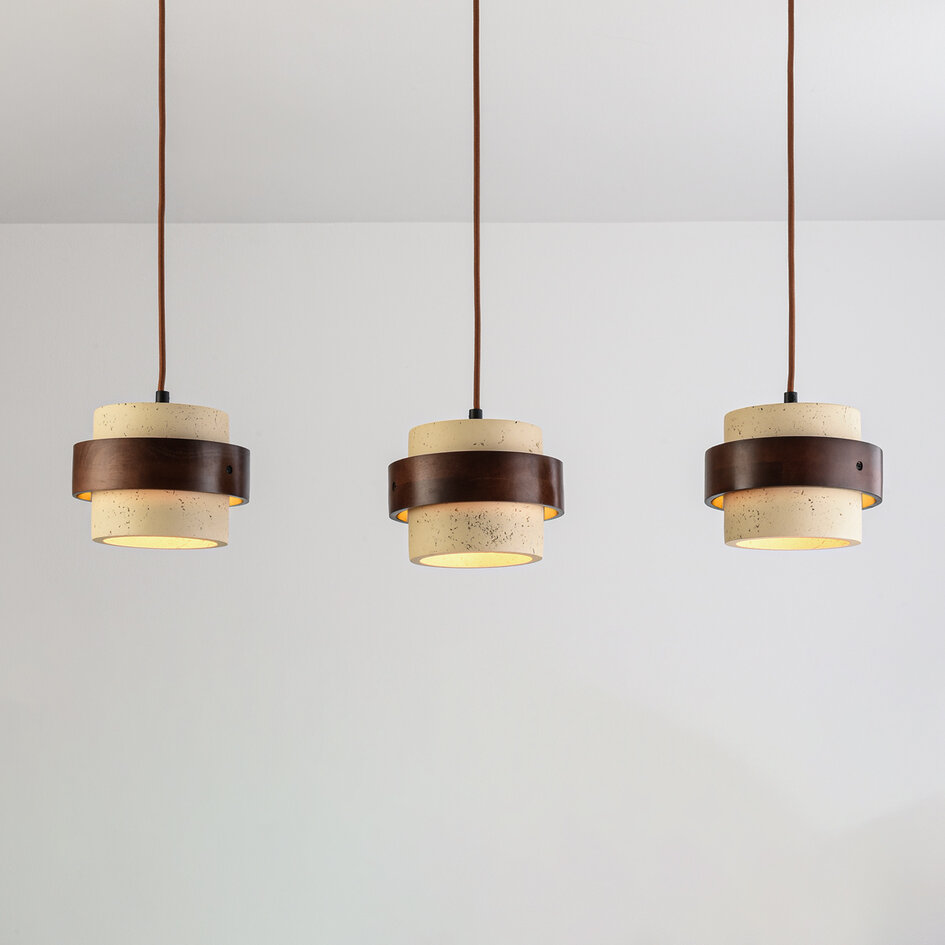 3-lichts hanglamp Mavero van cement en hout