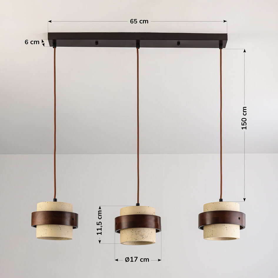 3-lichts hanglamp Mavero van cement en hout