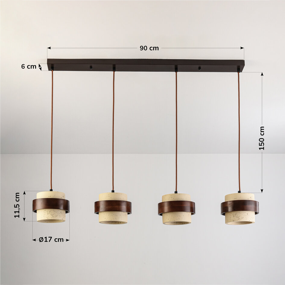 4-lichts hanglamp Mavero van cement en hout