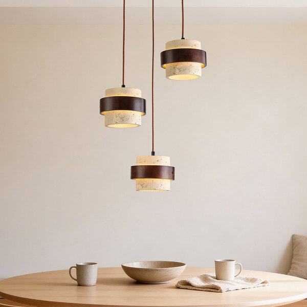 Ronde hanglamp Mavero van cement en hout, 3-lichts
