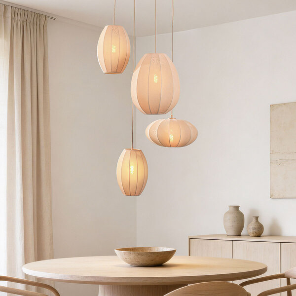 Japandi hanglamp Fero 4-lichts met beige linnen kappen