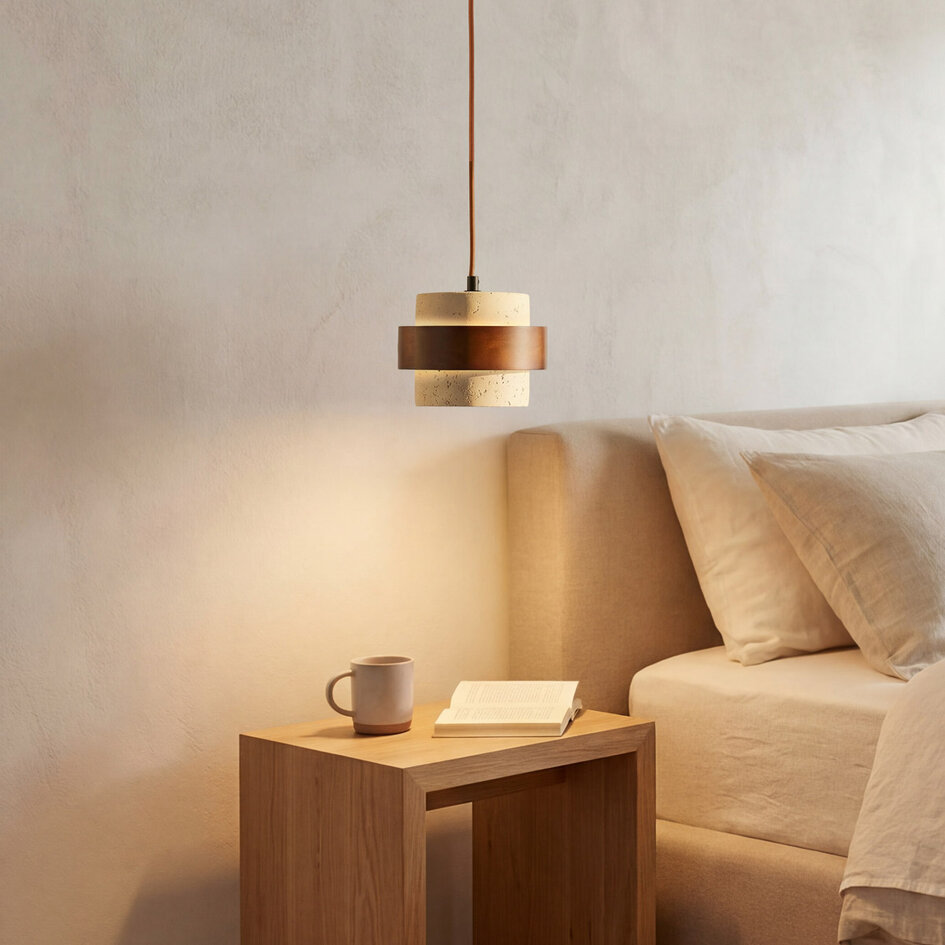 1-lichts hanglamp Mavero van cement en hout