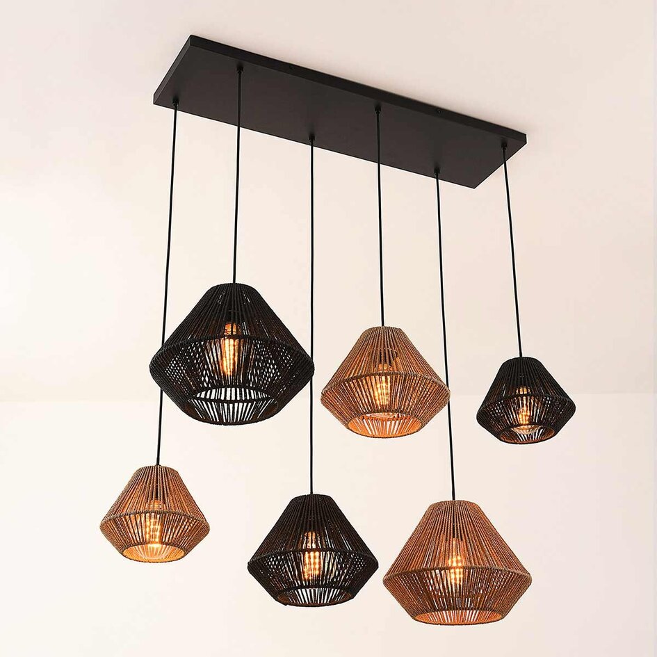 6-lichts hanglamp Ivero van papiertouw in zwart en bruin