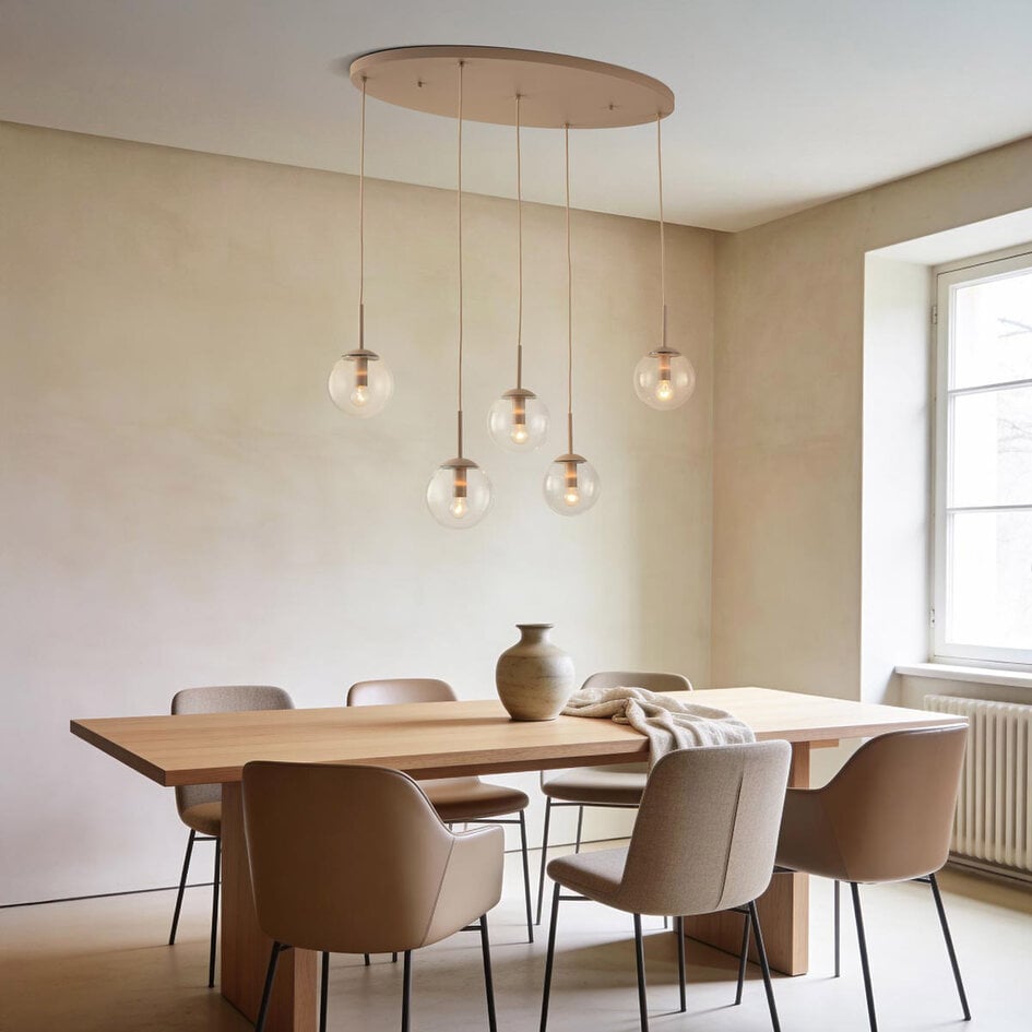 Moderne hanglamp Alea in beige met transparante glazen bollen, 5-lichts