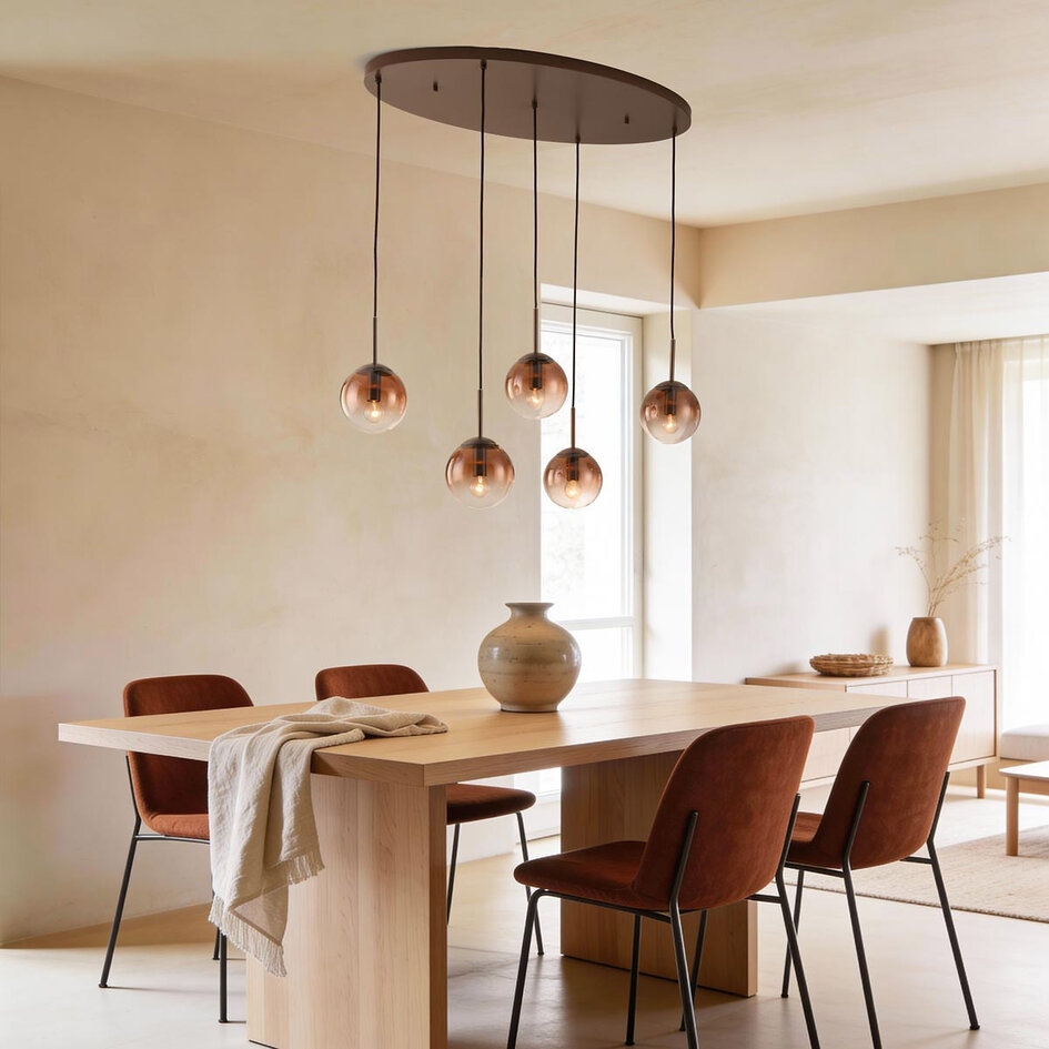 Hanglamp Nira met bruin ombre-glazen bollen, 5-lichts