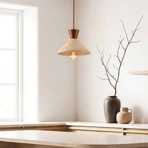 Japandi hanglamp Mara van travertin (natuursteen) en hout