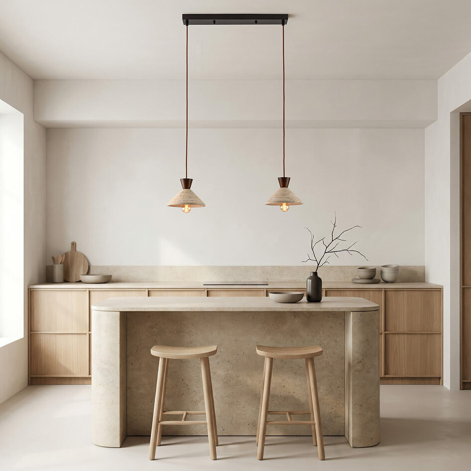 2-lichts Japandi hanglamp Mara van travertin (natuursteen) en hout