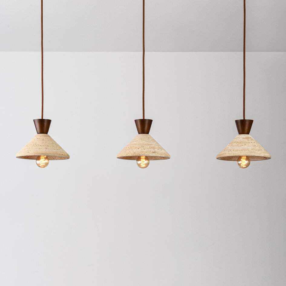 3-lichts Japandi hanglamp Mara - travertin (natuursteen) en hout
