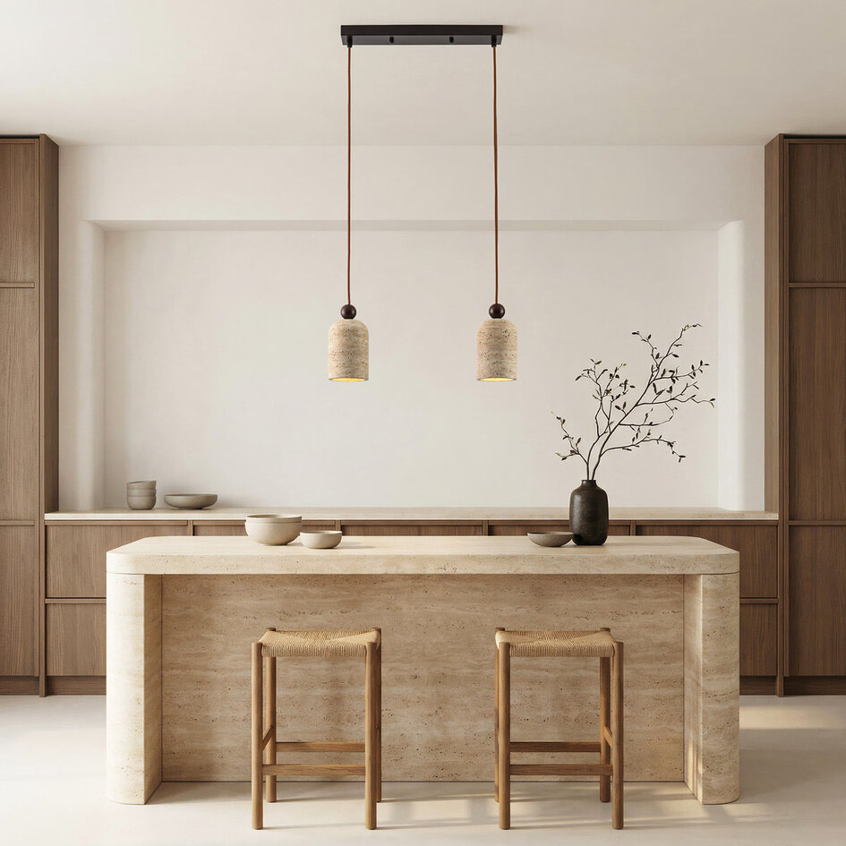 Japandi hanglamp Voro van travertin (natuursteen) en hout, 2-lichts