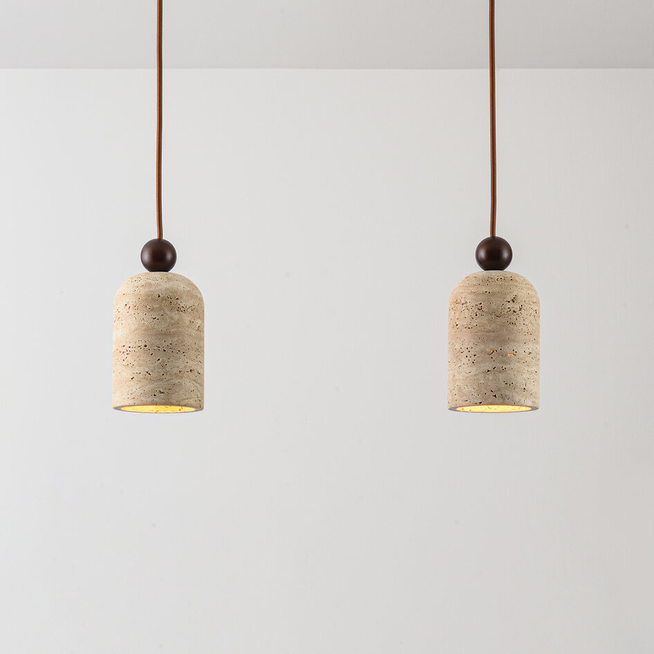 Japandi hanglamp Voro van travertin (natuursteen) en hout, 2-lichts