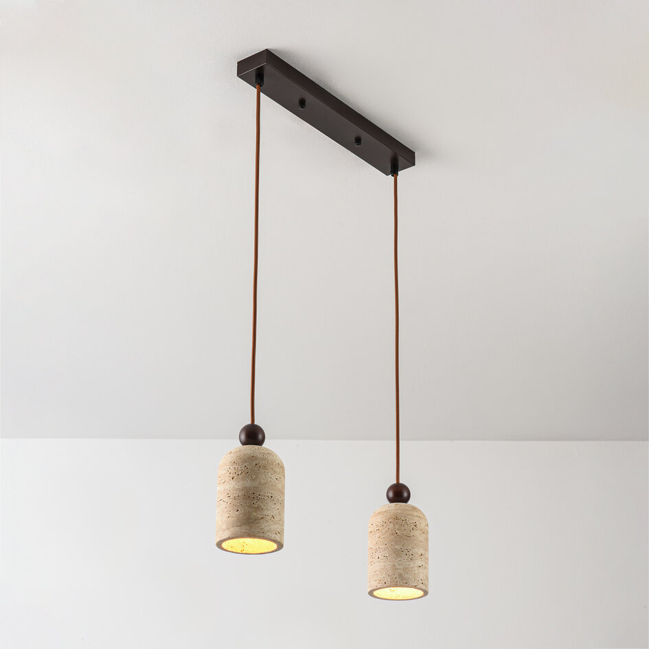Japandi hanglamp Voro van travertin (natuursteen) en hout, 2-lichts