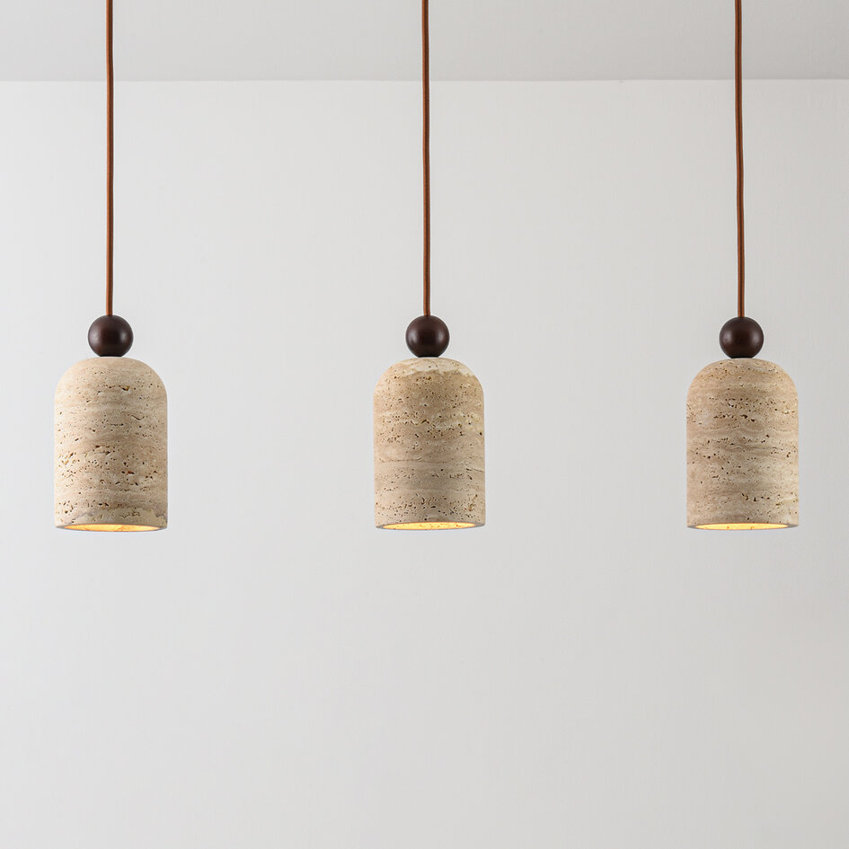 3-lichts Japandi hanglamp Voro van travertin (natuursteen) en hout