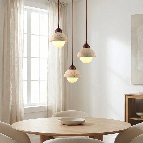 Japandi hanglamp Vado van travertin (natuursteen), hout en glas, 3-lichts