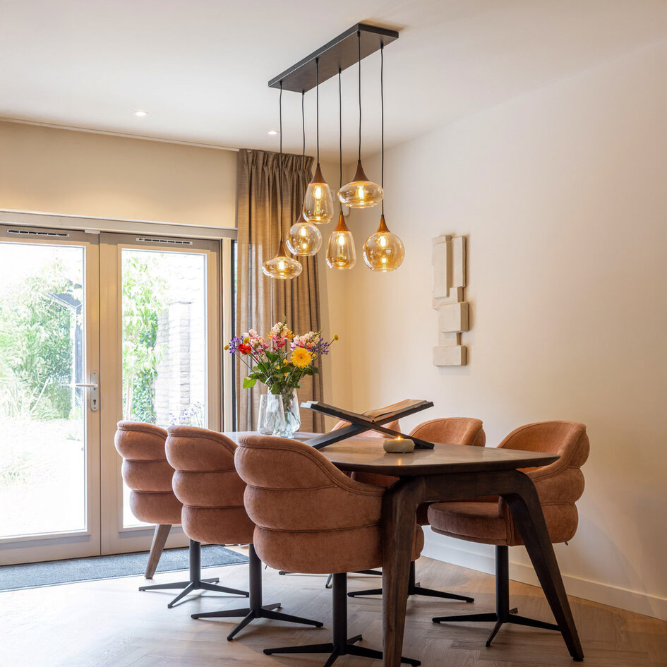 Hanglamp met amber glas en donkere houtoptiek, 6-lichts - Loic
