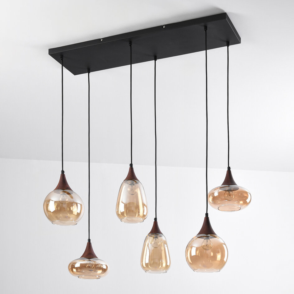 Hanglamp met amber glas en donkere houtoptiek, 6-lichts - Loic