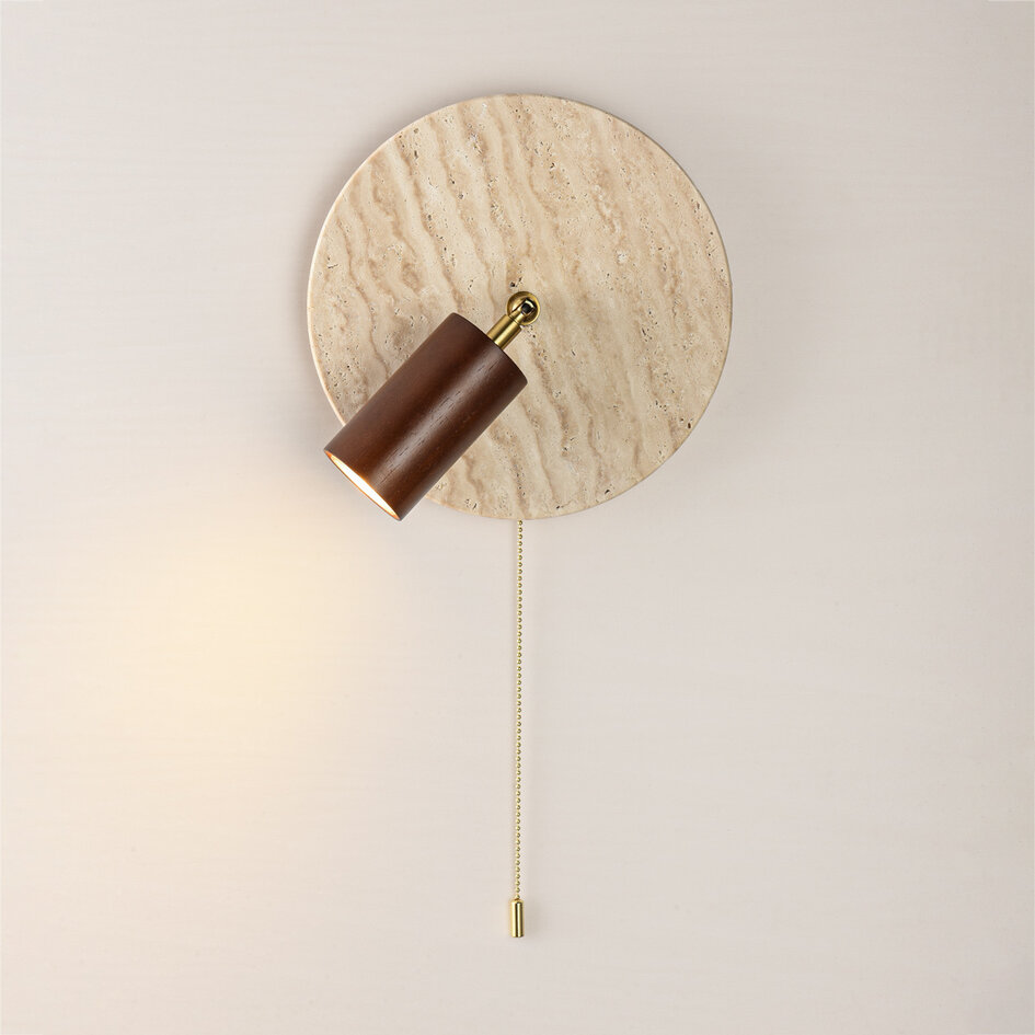 Wandlamp Sira met verstelbare spot van travertin (natuursteen) en hout incl. Philips lichtbron