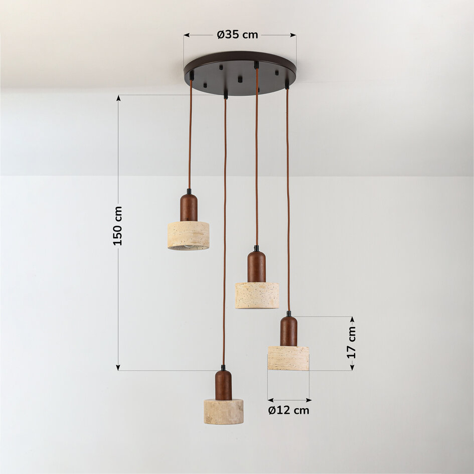 Japandi hanglamp Muro van travertin (natuursteen) en hout, 4-lichts