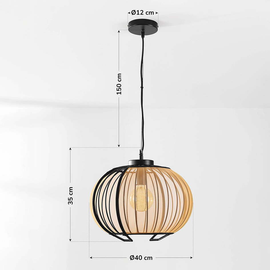 Hanglamp Lofas zwart met open metalen kap en beige linnen