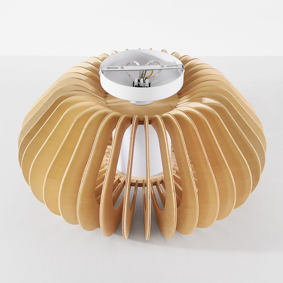 Plafondlamp Roia met houten lamellen en diffuser in open, ronde vorm