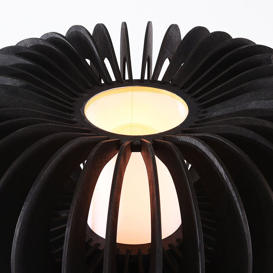 Houten plafondlamp Roia met zwarte lamellen, open ronde vorm en diffuser