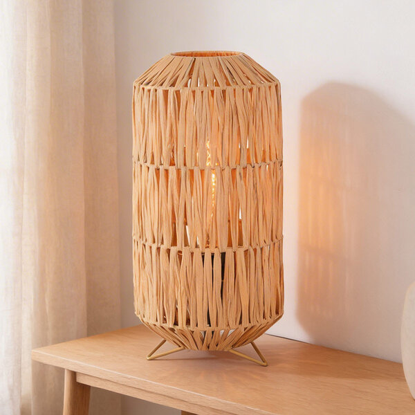 Tafellamp Arena  van raffia papier met beige metalen voet