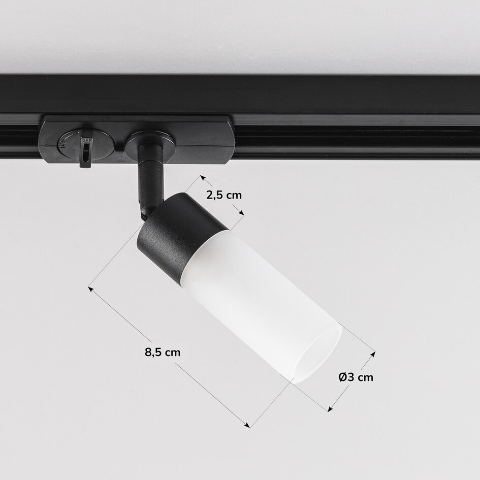 Zwarte 1-fase railspot Vexa met matte diffuser