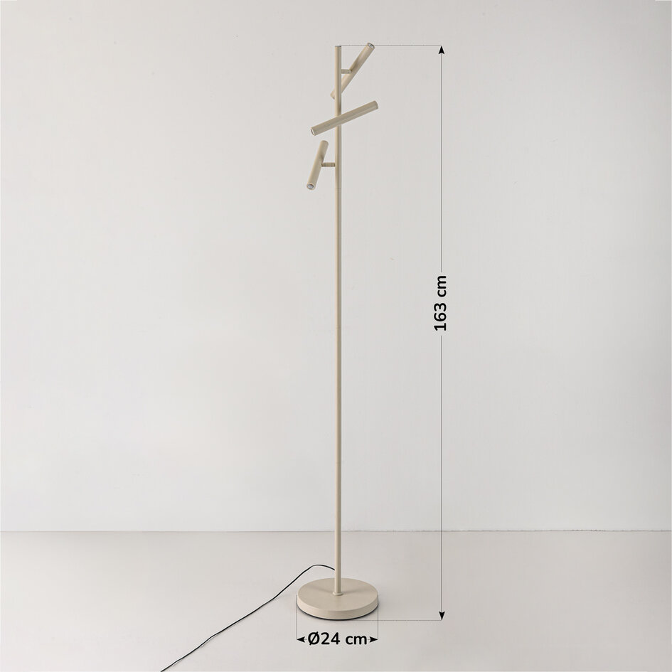 Beige vloerlamp Zhan met drie draaibare spots, touch dimmer en up & down licht