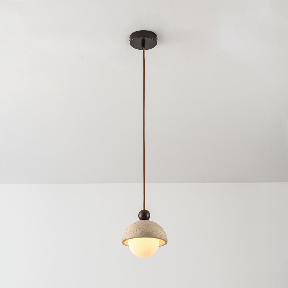 Hanglamp Vara van travertin (natuursteen), hout en melkwit glas