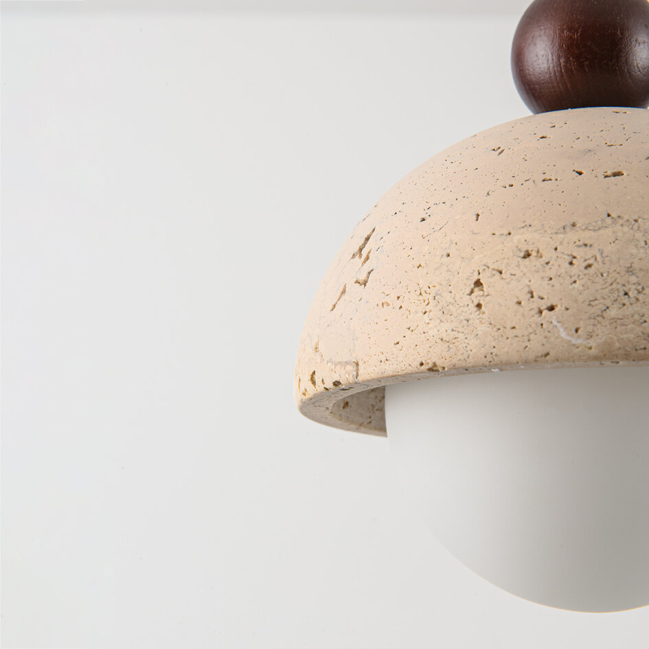 Hanglamp Vara van travertin (natuursteen), hout en melkwit glas