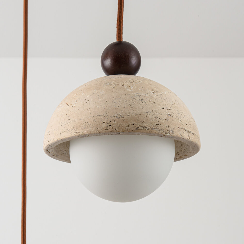 Moderne hanglamp Vara van travertin (natuursteen), hout en melkwit glas, 3-lichts