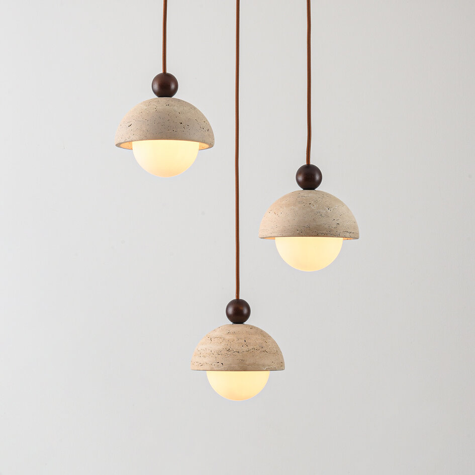 Moderne hanglamp Vara van travertin (natuursteen), hout en melkwit glas, 3-lichts