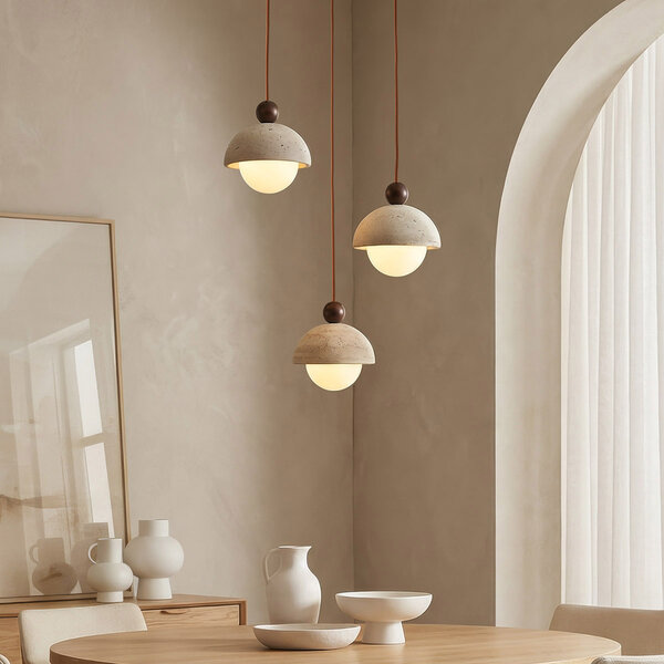 Moderne hanglamp Vara van travertin (natuursteen), hout en melkwit glas, 3-lichts
