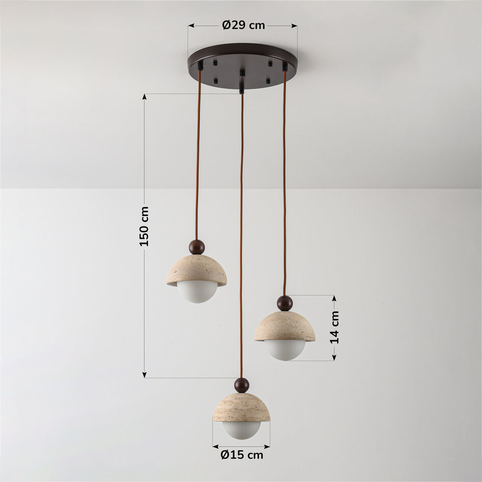 Moderne hanglamp Vara van travertin (natuursteen), hout en melkwit glas, 3-lichts