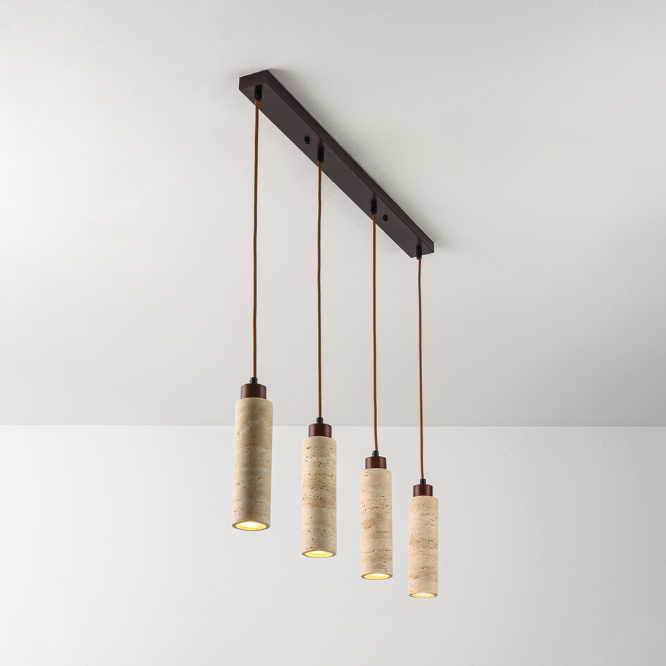 4-lichts hanglamp Oreno van travertin (natuursteen) en hout incl. Philips lichtbron