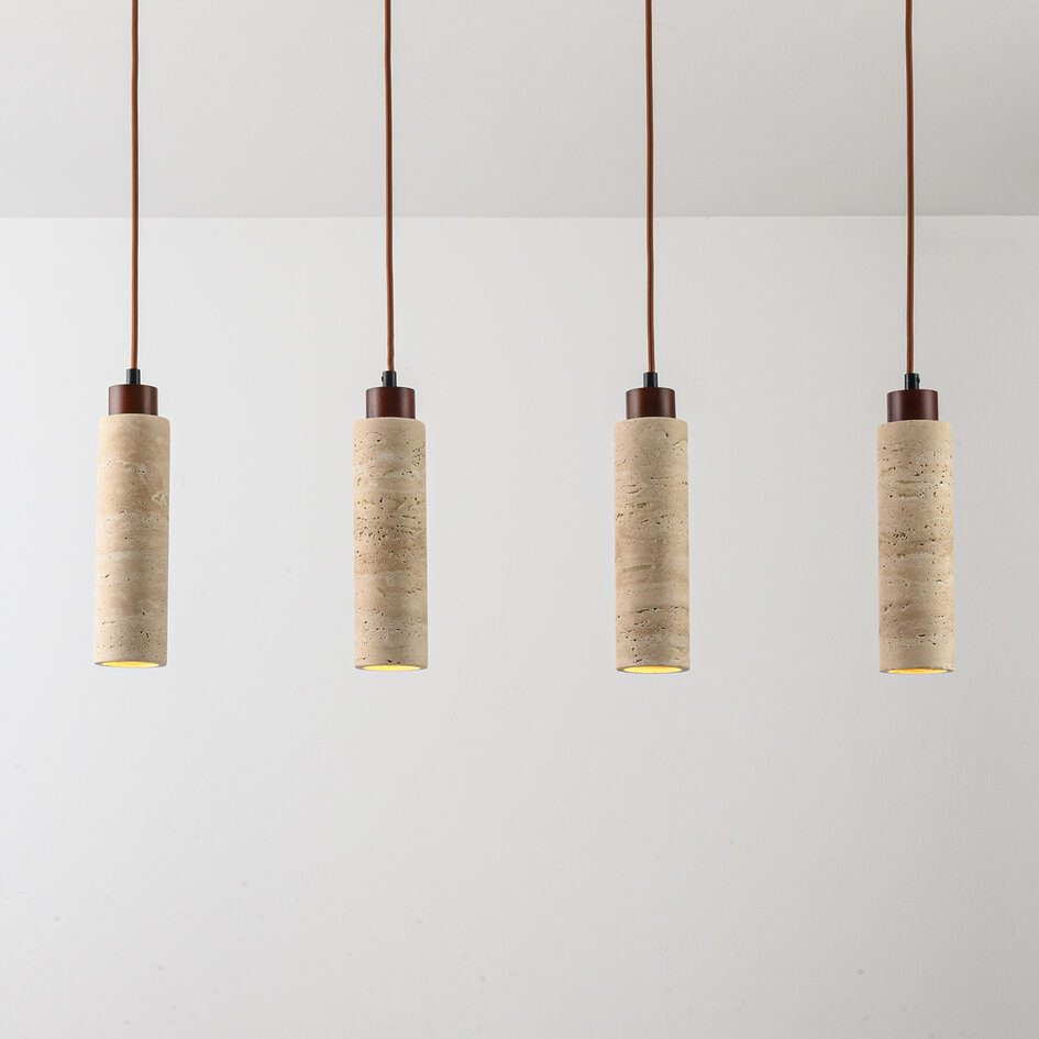 4-lichts hanglamp Oreno van travertin (natuursteen) en hout incl. Philips lichtbron