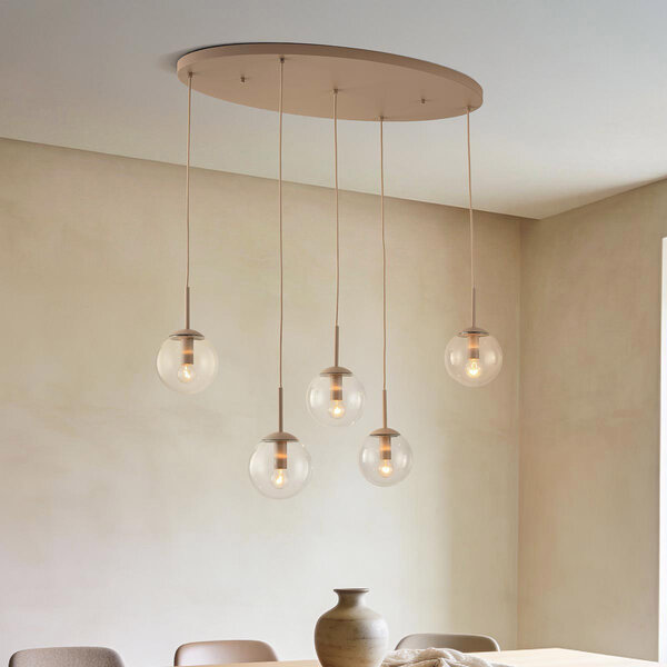 5-lichts hanglamp Alea - beige met transparante glazen bollen