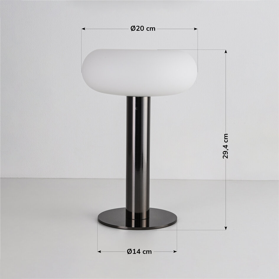 Tafellamp Zarya oplaadbaar met laadstation, geïntegreerde LED en melkwit glas