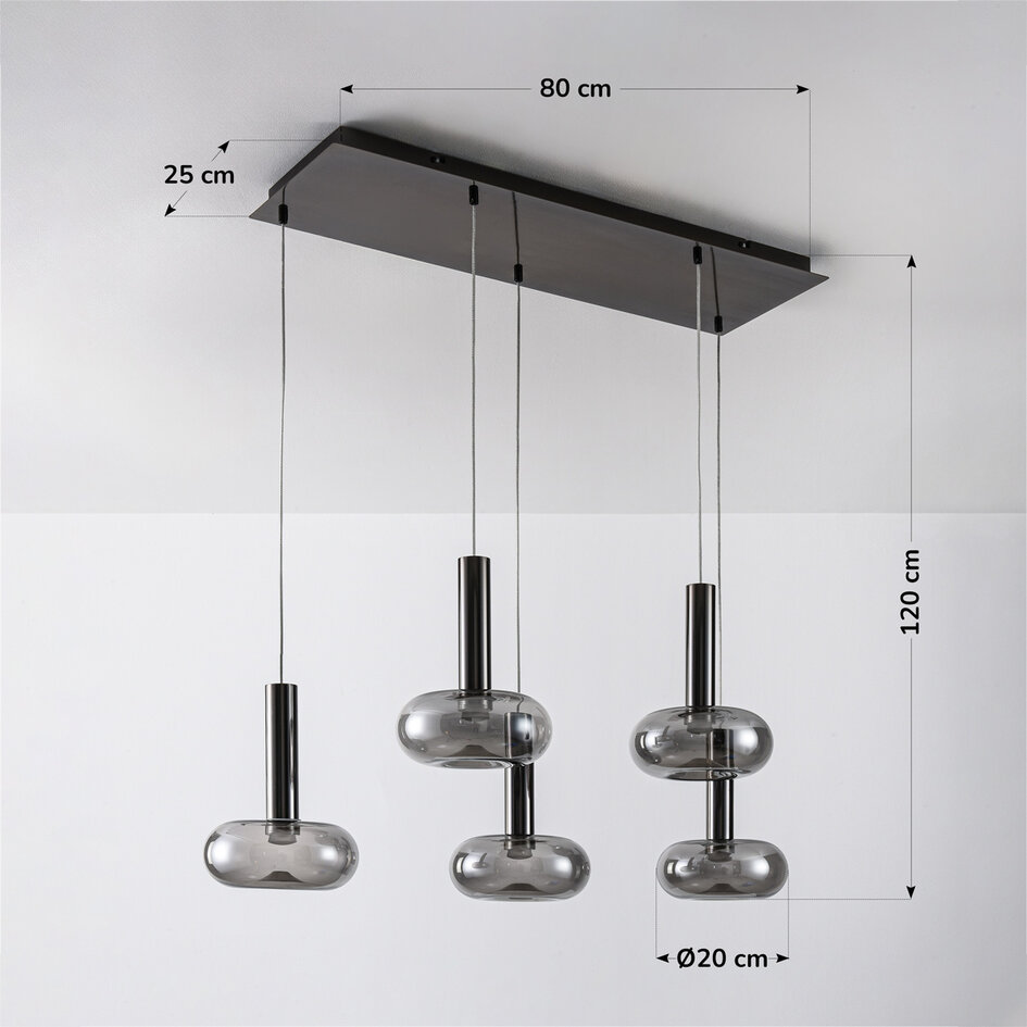 5-lichts hanglamp Valira - zwart chrome met smoke glas, afstandsbediening en dimbaar