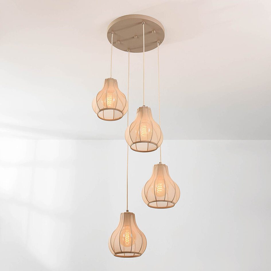 4-lichts Japandi hanglamp Senji zandtaupe met linnen kappen