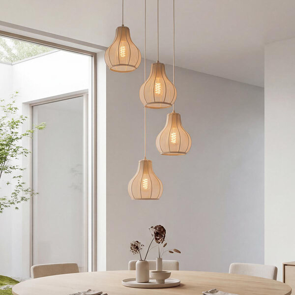 4-lichts Japandi hanglamp Senji zandtaupe met linnen kappen