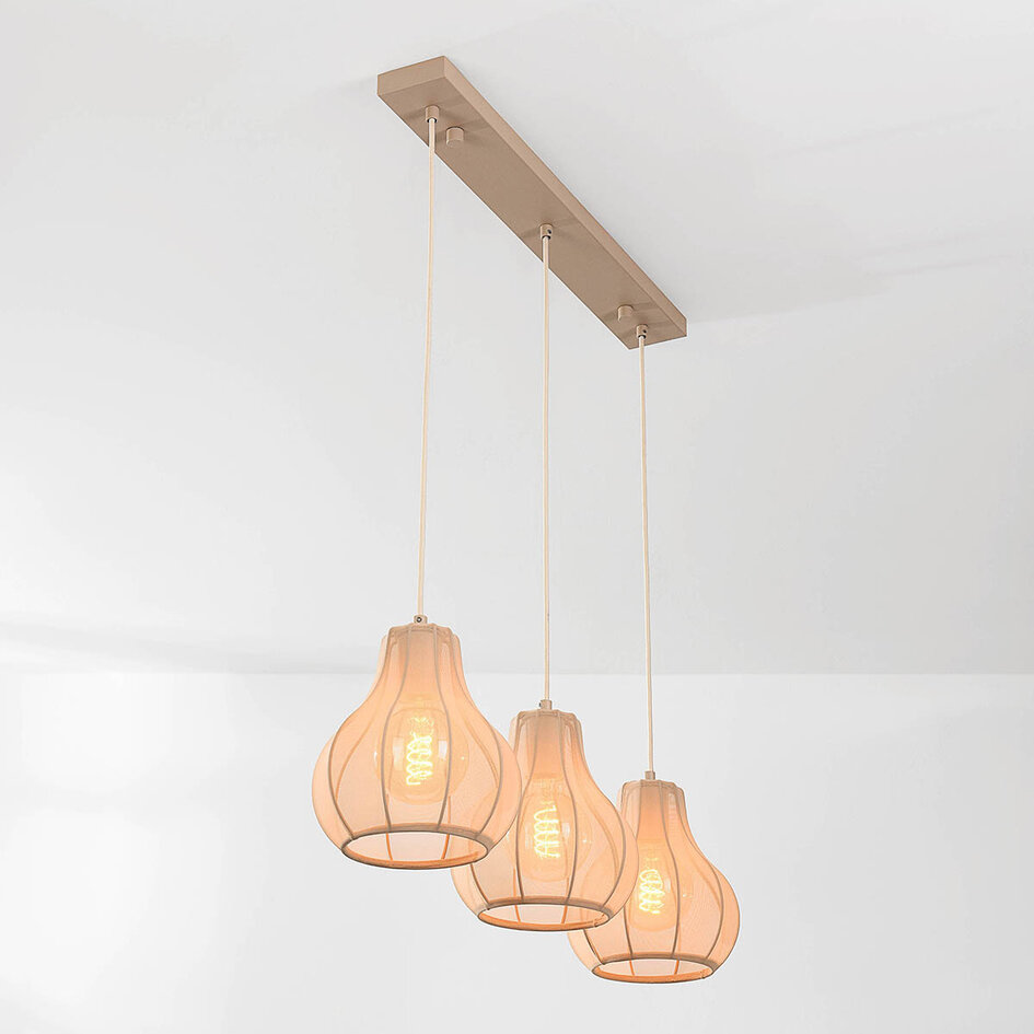 Japandi hanglamp Senji met drie linnen kappen - zandtaupe