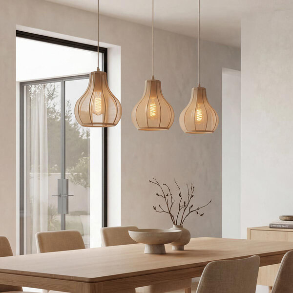 Japandi hanglamp Senji met drie linnen kappen - zandtaupe