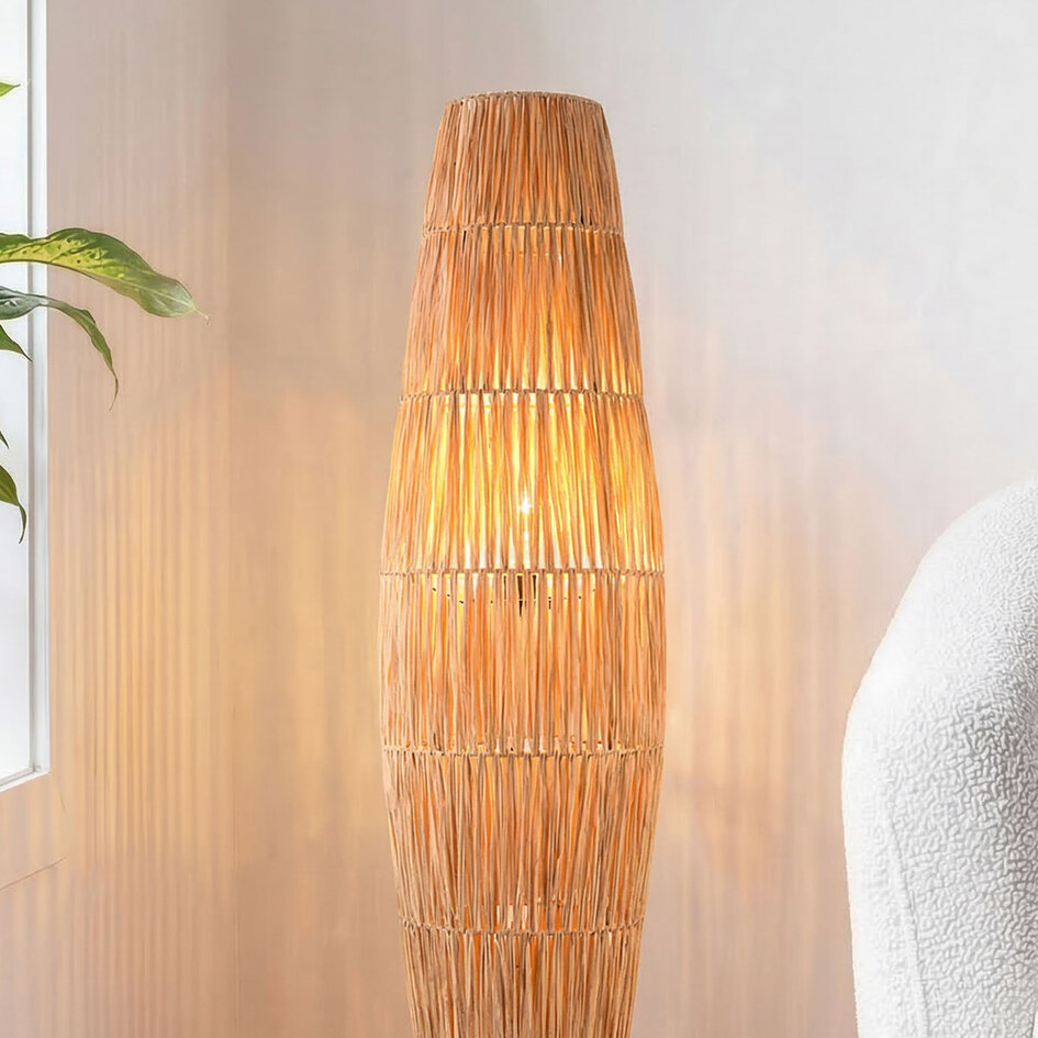 Vloerlamp Plecta – handgemaakte raffia lamp met zwarte frame 103 cm