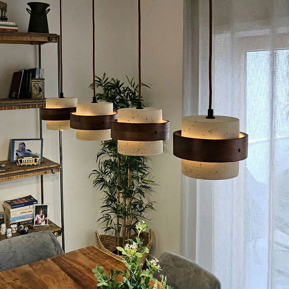 4-lichts hanglamp Mavero van cement en hout