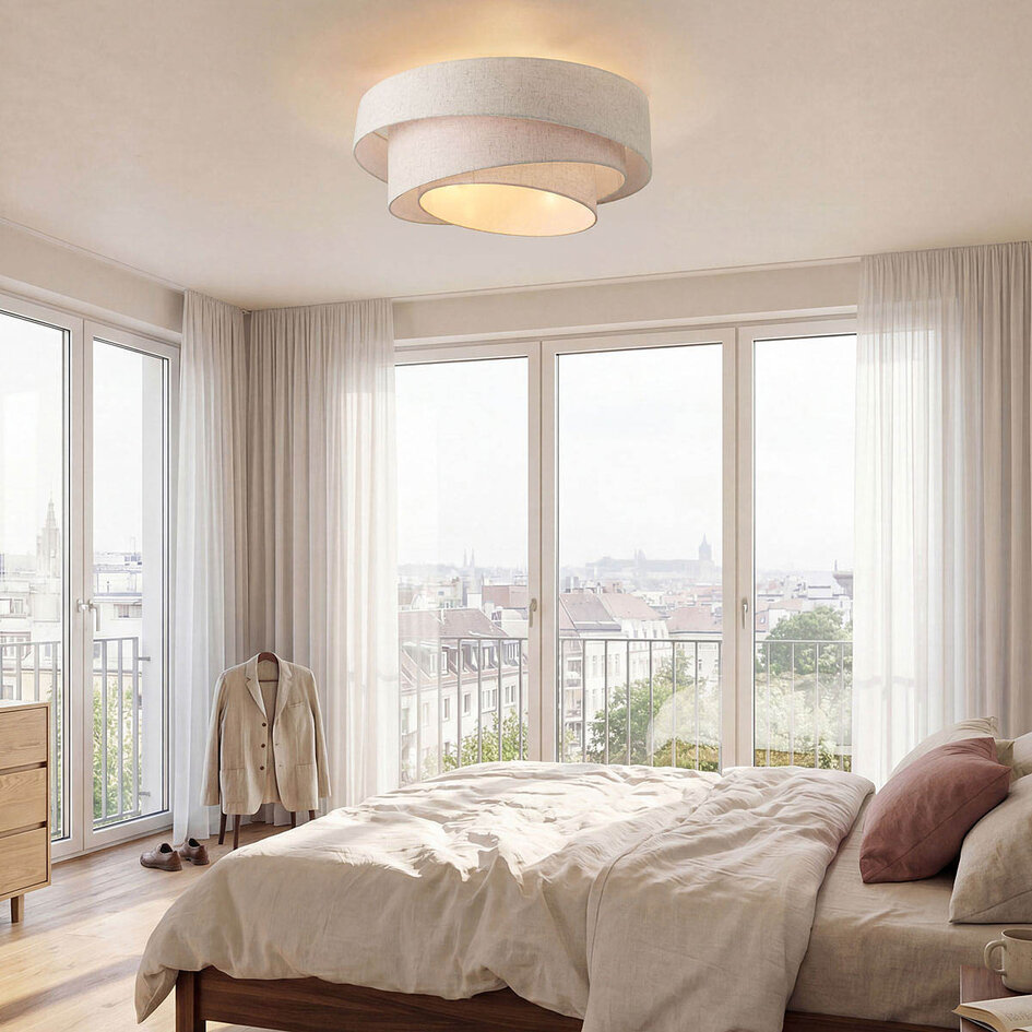 Moderne plafondlamp Neroi beige met drie gelaagde linnen kappen