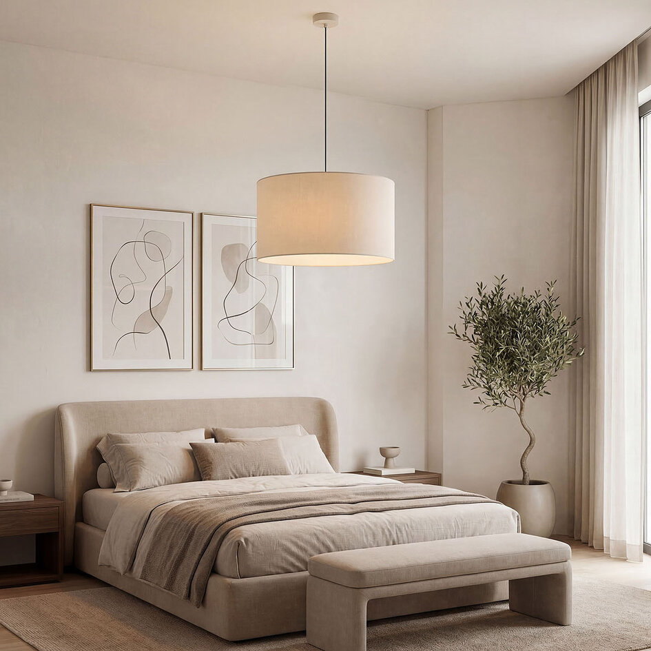 Hanglamp Aureo beige met linnen kap en travertin effect